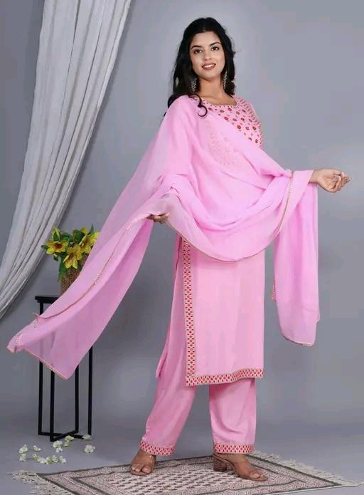 LVISH CRAFTS Women Rayon A-line Embroidred Long Kurti With Palazzos and Dupatta Set