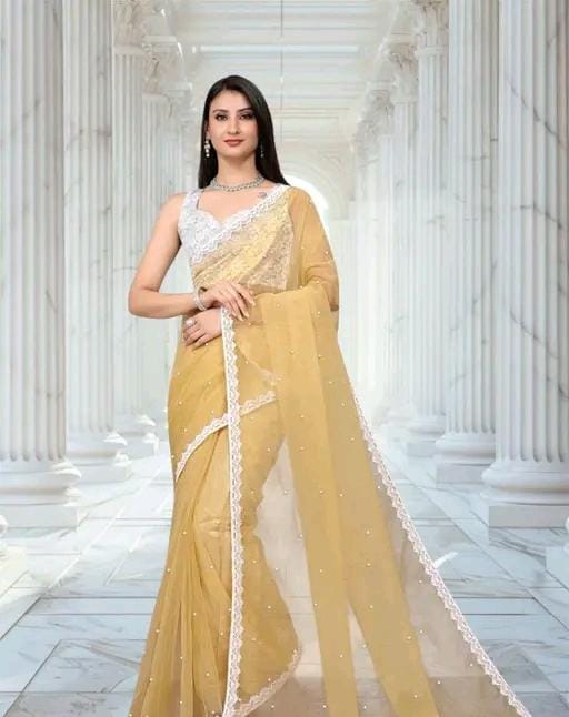 Women fancy supernet beads and stone saree with jackard blouse