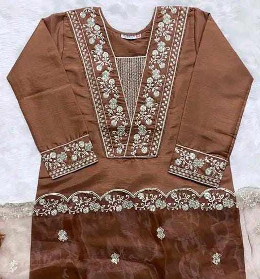 Rayon slub embroidered kurta set with dupatta