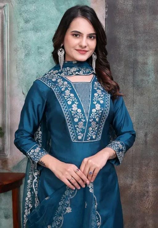 Rayon slub embroidered kurta set with dupatta