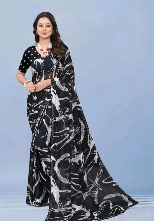 Pd silk mills pure georgette white saree with stone work