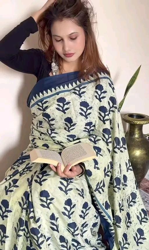 Hand block printed soft fancy cotton mulmul saree