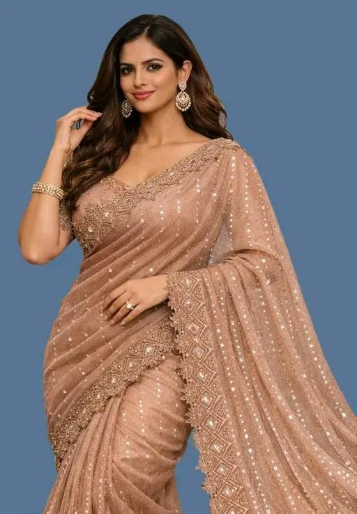 Women fancy shimmer saree with mirror work andvchemical lace