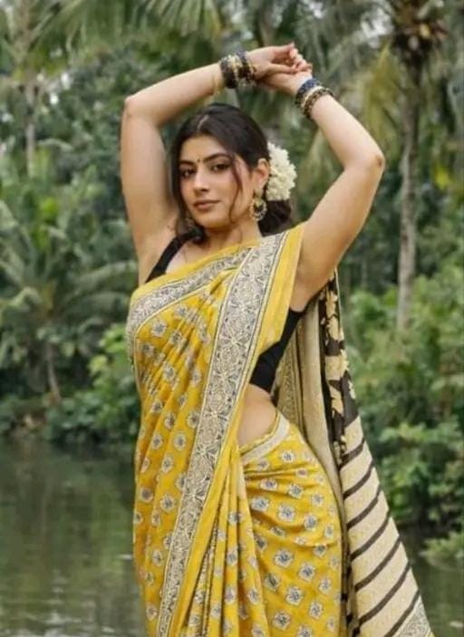 Hand block printed soft fancy cotton mulmul saree