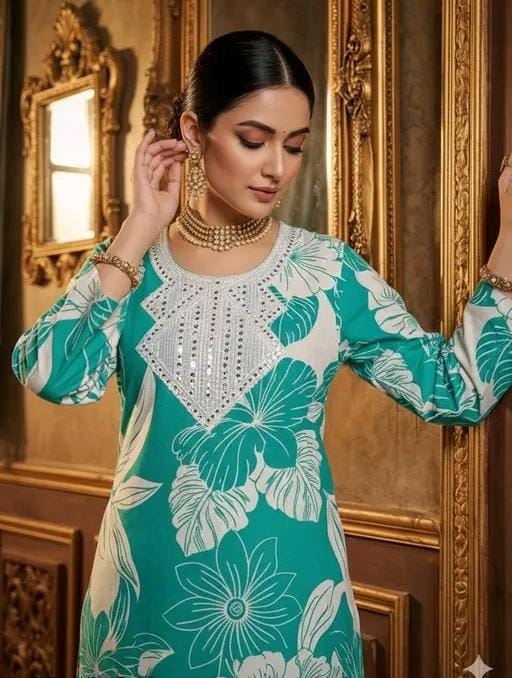 Green floral printen kurta pant set for women