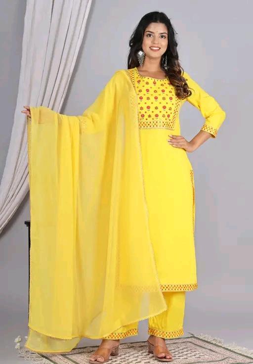 LVISH CRAFTS Women Rayon A-line Embroidred Long Kurti With Palazzos and Dupatta Set