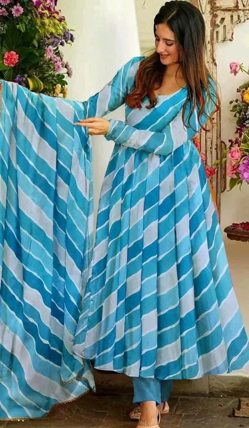 Sky blue & white leheriya print anarkali suit with dupatta