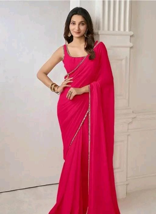 Women stylish pink colour plain pure fox georgette fabrics saree