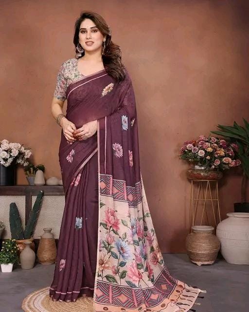 Soft cotton linen degital print saree with matching blouse