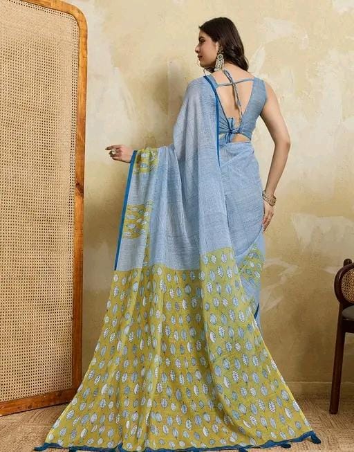 Women light blue cotton blend geomatric printed saree