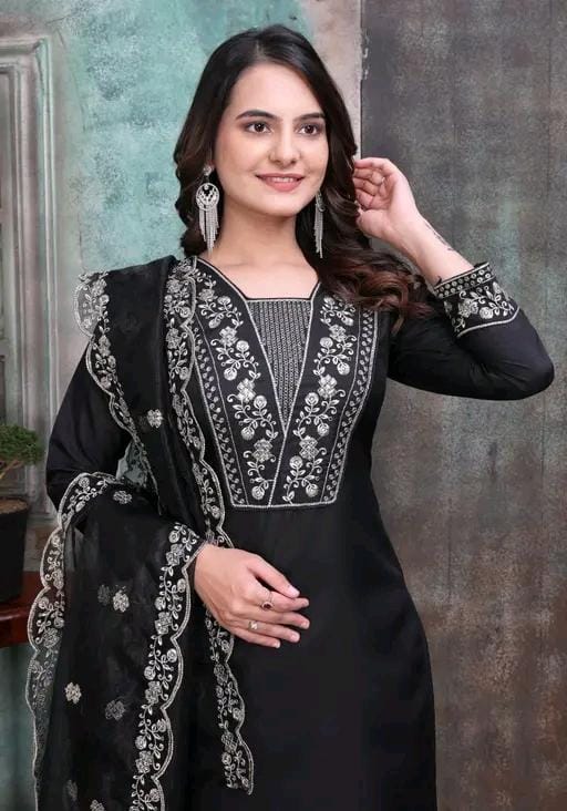 Rayon slub embroidered kurta set with dupatta
