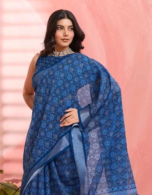 Women fancy blue linen printed saree