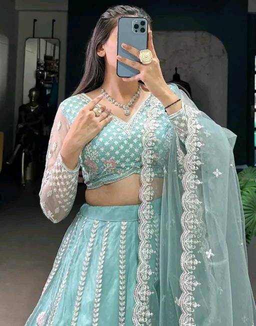 Thread work semi stitched lehenga with blouse stitched with dupatta