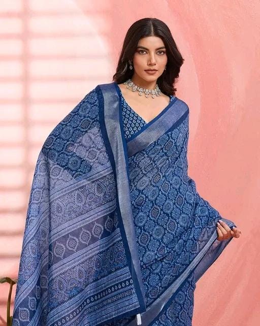 Women fancy blue linen printed saree