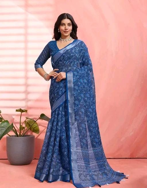Women fancy blue linen printed saree