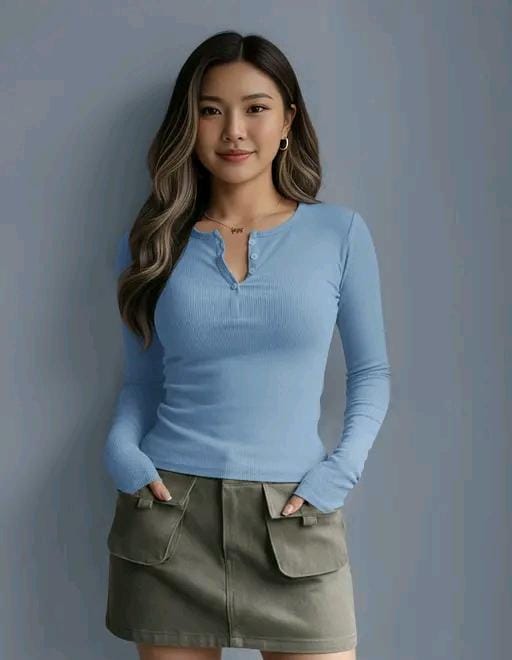 Casual polyester blend round neck with buttons long sleeves stylish top