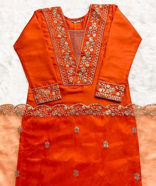 Rayon slub embroidered kurta set with dupatta