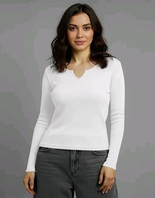Casual polyester blend v-notch neck long stylish white top