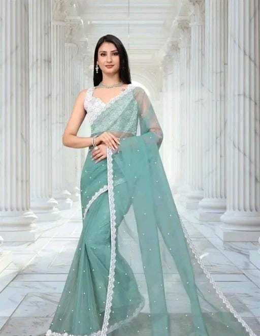 Women fancy supernet beads and stone saree with jackard blouse