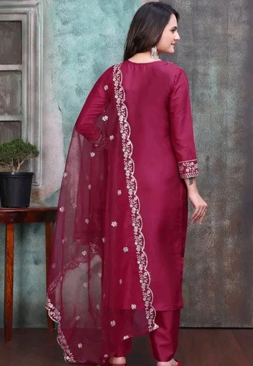 Rayon slub embroidered kurta set with dupatta