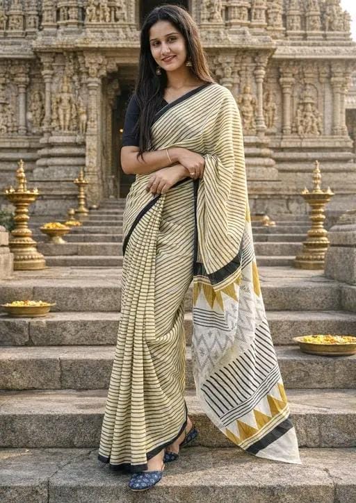 Hand block printed foft cotton mulmul printed saree witj blouse
