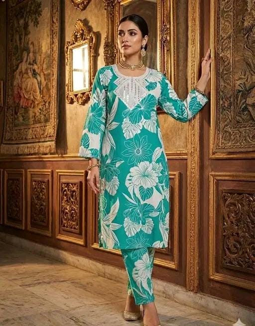Green floral printen kurta pant set for women