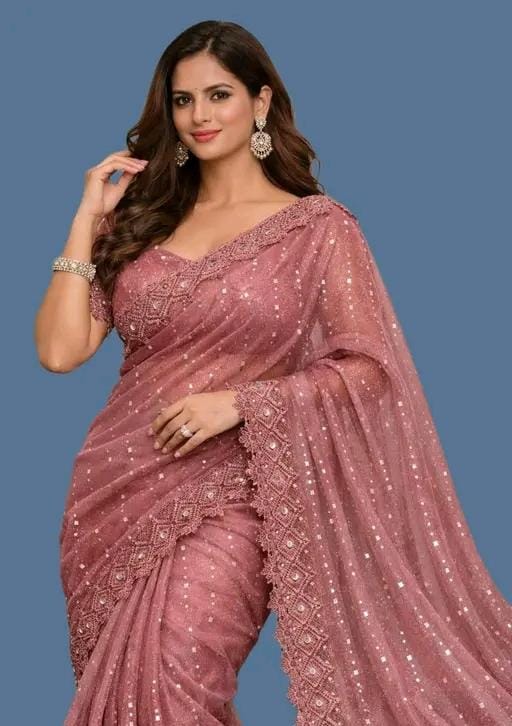Women fancy shimmer saree with mirror work andvchemical lace