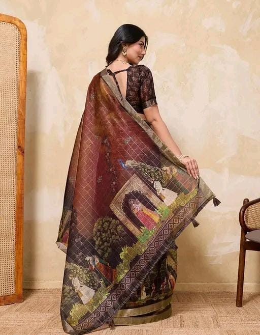 Fancy women print printed silk saree with blouse