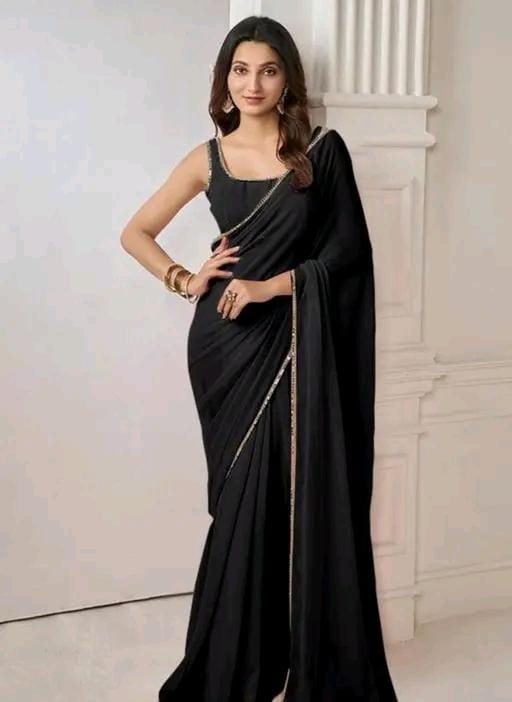 Women stylish pink colour plain pure fox georgette fabrics saree
