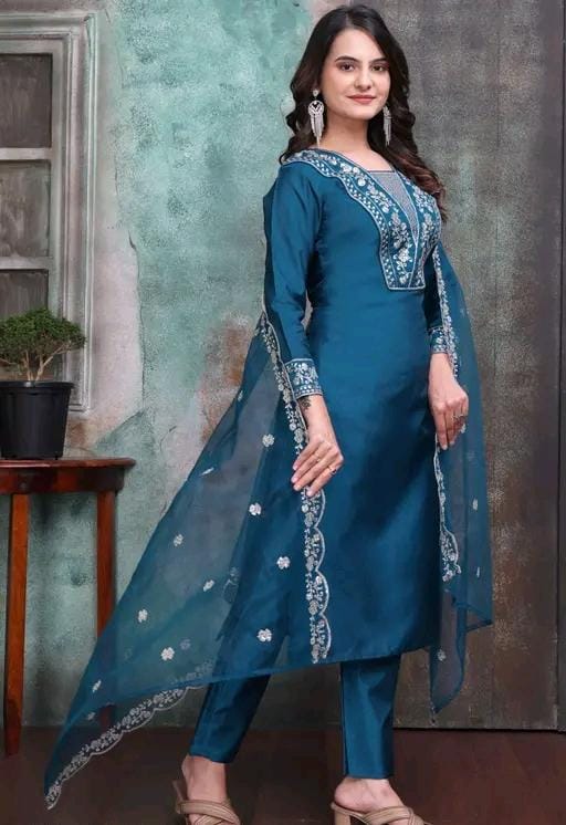 Rayon slub embroidered kurta set with dupatta