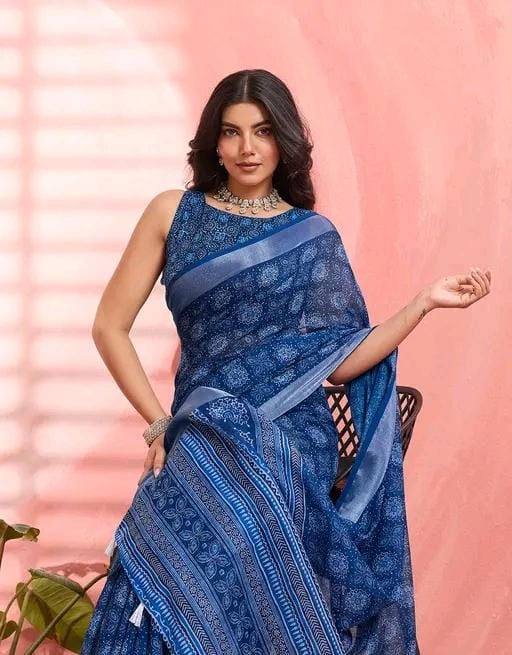 Women fancy blue linen printed saree