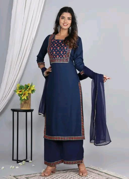 LVISH CRAFTS Women Rayon A-line Embroidred Long Kurti With Palazzos and Dupatta Set