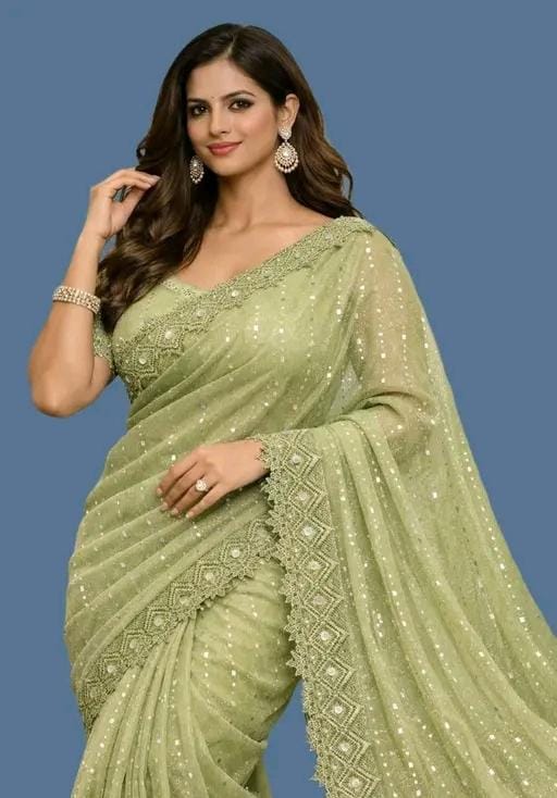 Women fancy shimmer saree with mirror work andvchemical lace