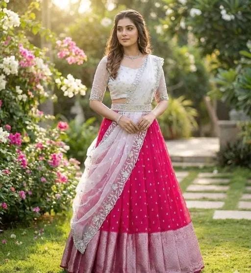 Kanjiveram silk zari lehenga with blouse and net dupatta