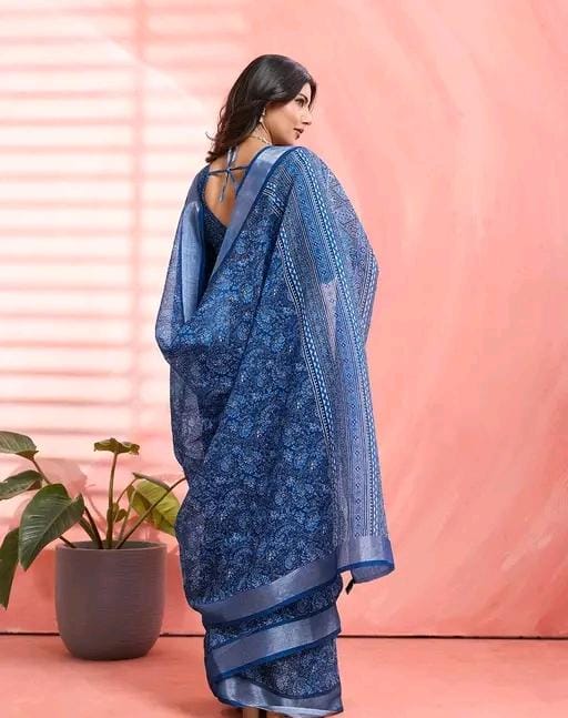Women fancy blue linen printed saree