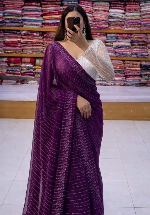 Georgette cutwork diamonds saree with blouse,saree ready tp bear