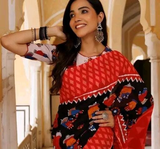 Hand block printed soft fancy cotton mulmul saree