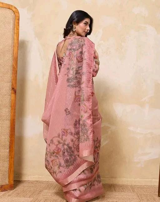 Fancy women print printed silk saree with blouse