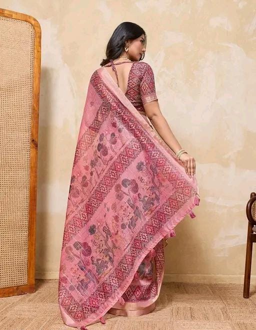 Fancy women print printed silk saree with blouse