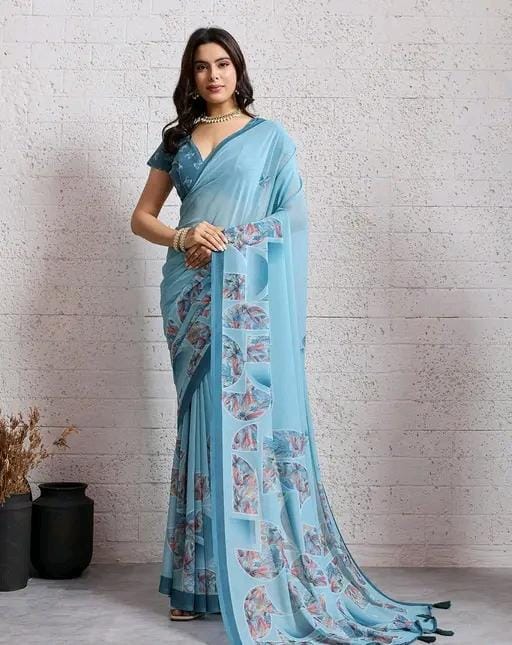 Pritii women sky blue cotton blend geomatric printed saree