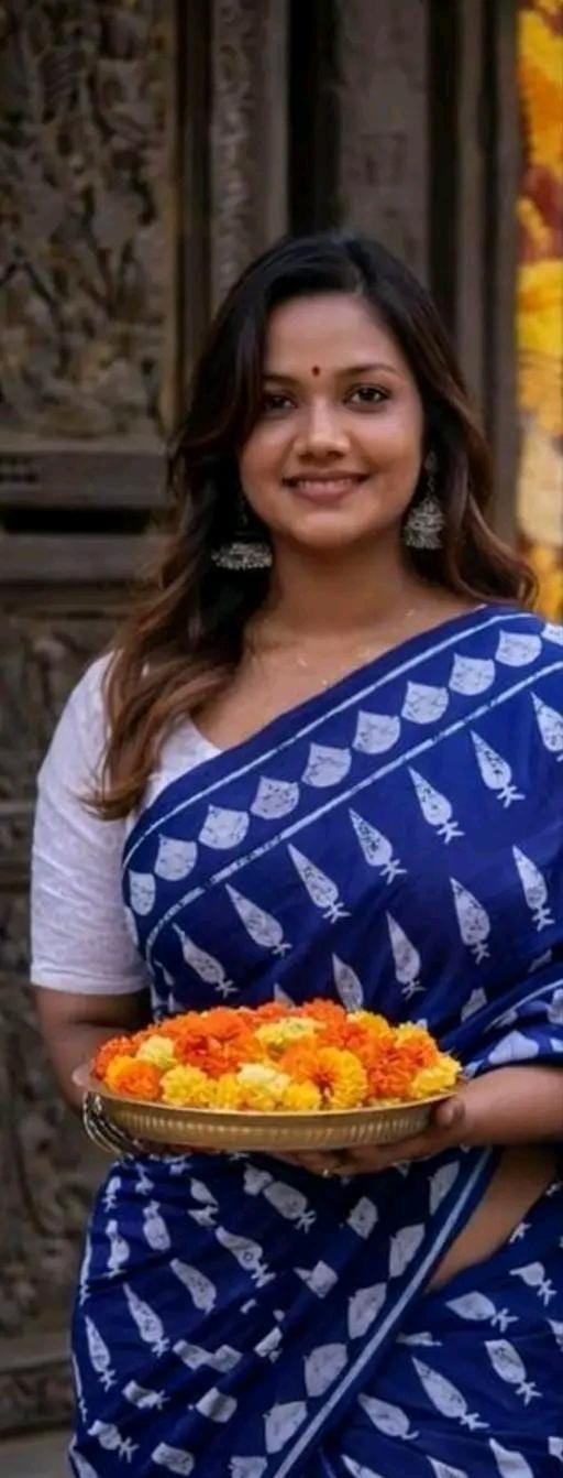 Hand block printed soft fancy cotton mulmul saree