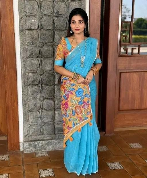 Linen cotton print sarer for women