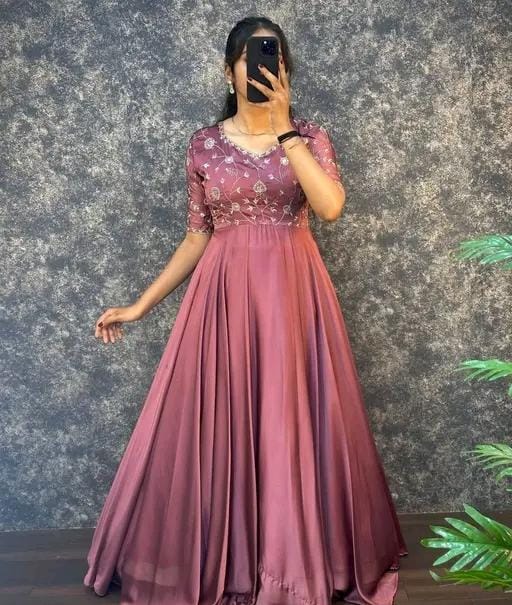 Women fancy silk anarkali gown with dupatta set