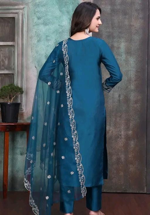 Rayon slub embroidered kurta set with dupatta