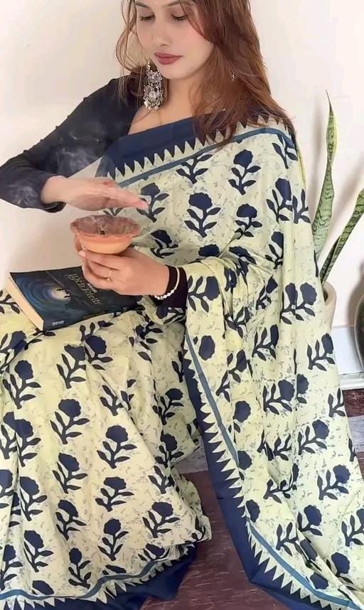 Hand block printed soft fancy cotton mulmul saree