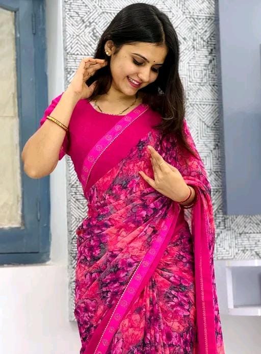 Georgette Printed Saree With lace border and blouse