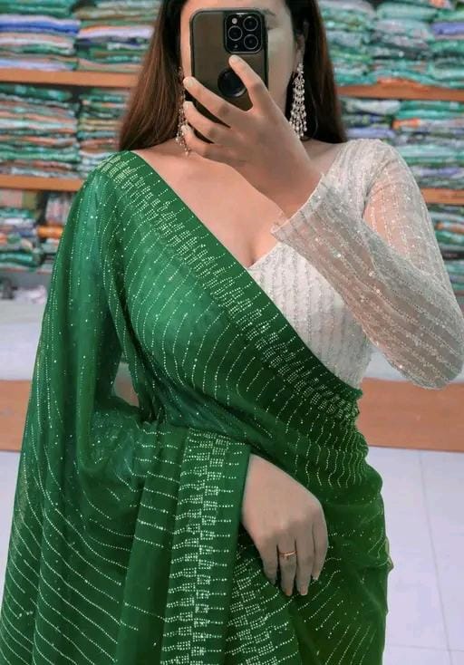 Georgette cutwork diamonds saree with blouse,saree ready tp bear