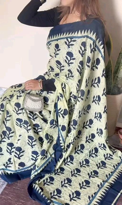 Hand block printed soft fancy cotton mulmul saree