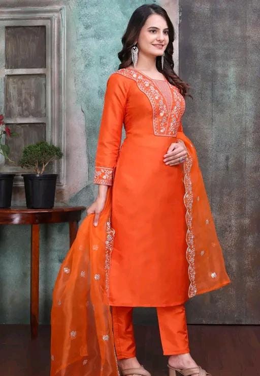 Rayon slub embroidered kurta set with dupatta