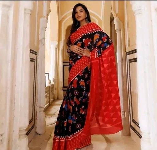Hand block printed soft fancy cotton mulmul saree